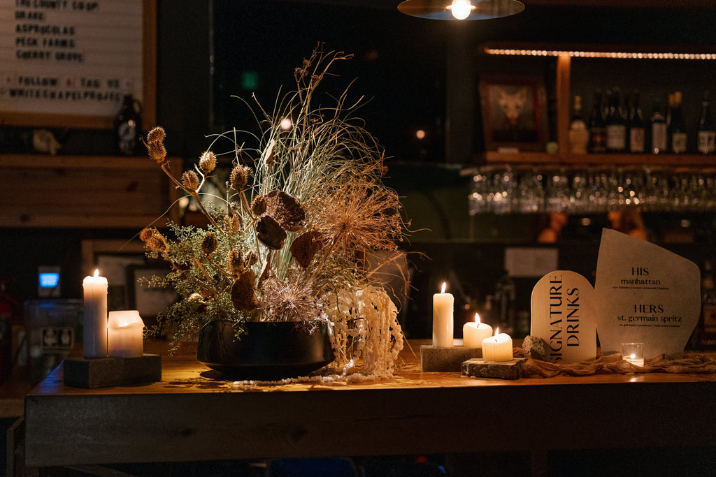 Dried floral Autumn wedding ceremony & reception. Fall bar arrangement with mixed candles.